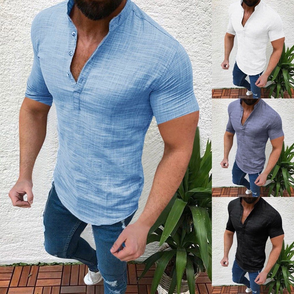 Plus Size Men's Causal Solid Cotton Linen Short Sleeve Top
