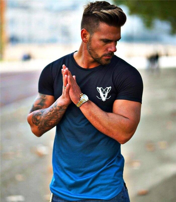 YEMEKE Fashion Gradient color T Shirt Men Fast compression Breathable Mens Short Sleeve Fitness t-shirt Gyms Tight Casual Top