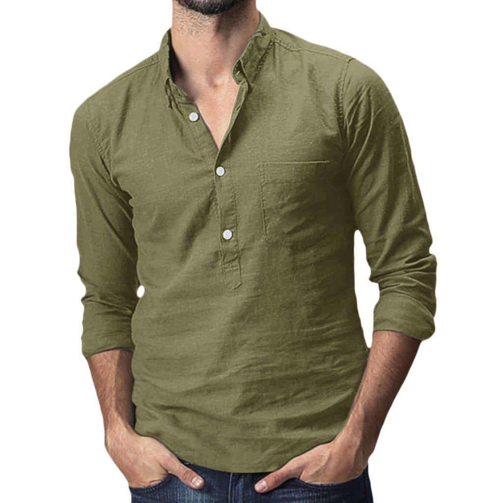 Summer Men's Baggy Cotton Linen Solid Multi-Pocket Short Sleeve Collar Shirt