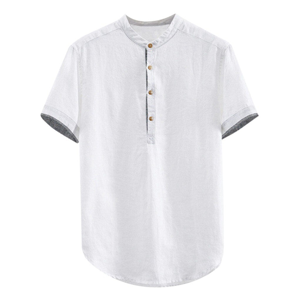 Baggy Solid Cotton Linen Short Sleeve Button Shirt