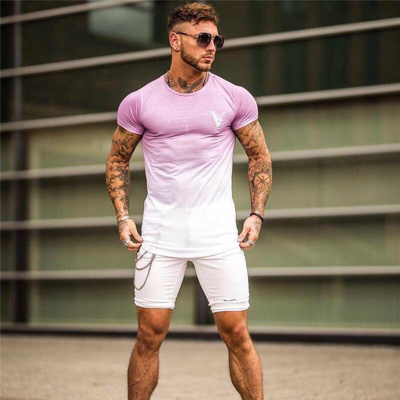 YEMEKE Fashion Gradient color T Shirt Men Fast compression Breathable Mens Short Sleeve Fitness t-shirt Gyms Tight Casual Top