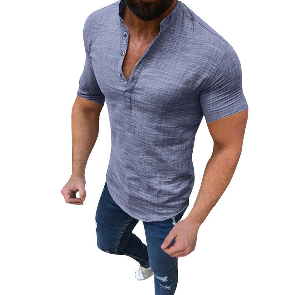 Plus Size Men's Causal Solid Cotton Linen Short Sleeve Top