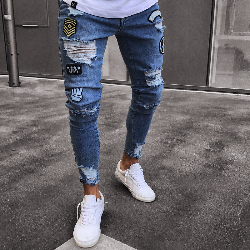 Ripped Skinny Print Embroidery Biker Jeans - Stylesma