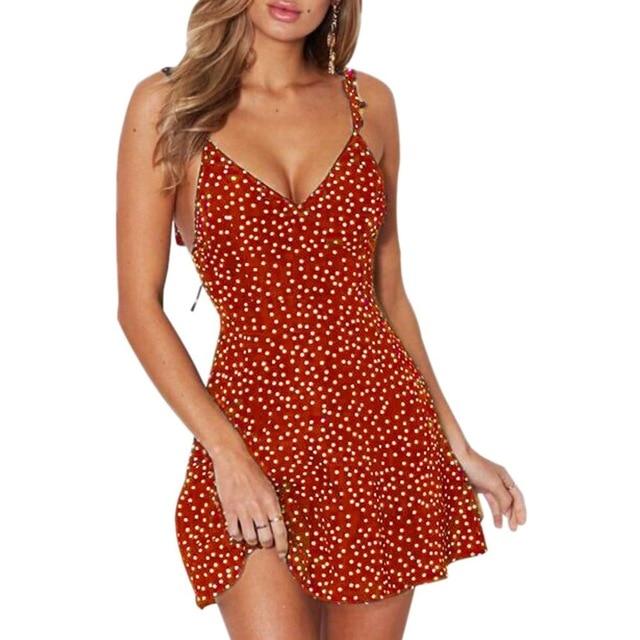 Sleeveless V Neck A Line Waist Dot Printed Dress