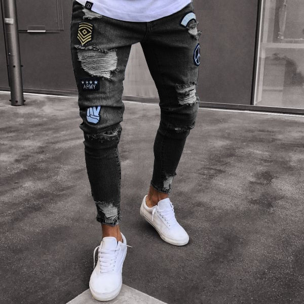 Ripped Skinny Print Embroidery Biker Jeans - Stylesma
