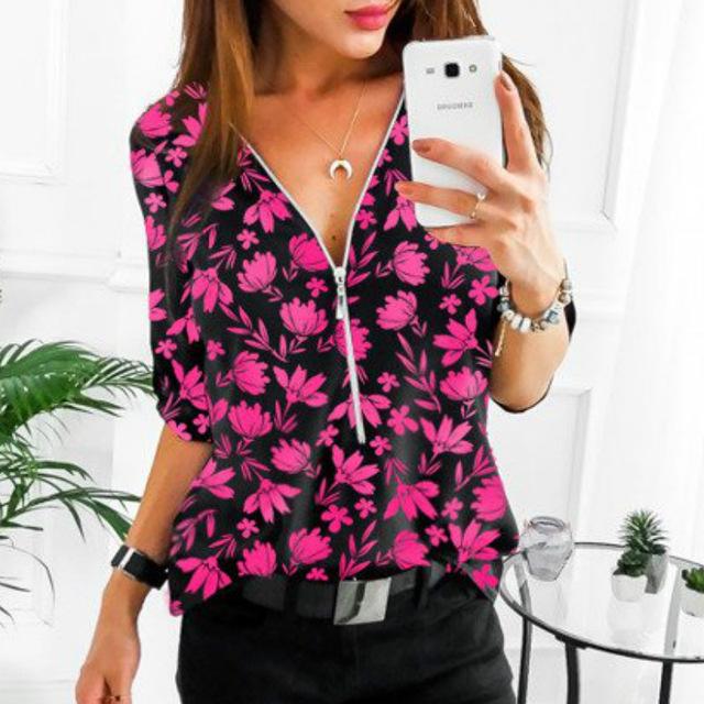 Women Tops Blouses 2019 Autumn Elegant Long Sleeve Print V-Neck Blouse Female Work Zipper Shirts Plus Size Tops 5XL Mujer Blusa