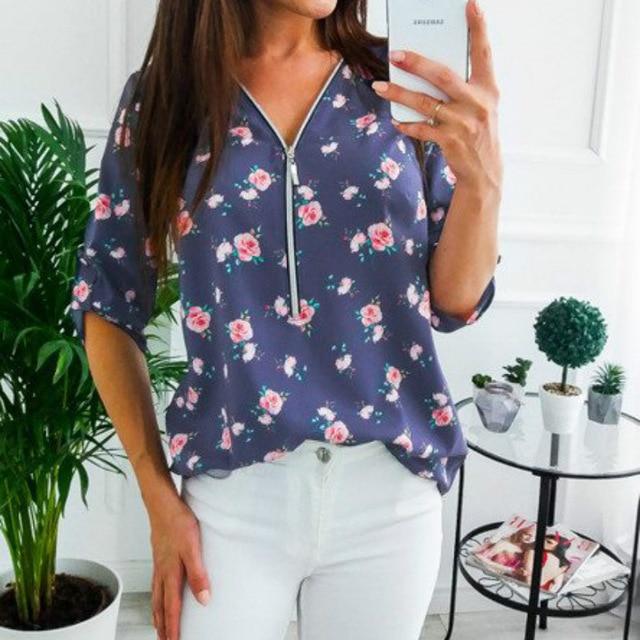 Women Tops Blouses 2019 Autumn Elegant Long Sleeve Print V-Neck Blouse Female Work Zipper Shirts Plus Size Tops 5XL Mujer Blusa