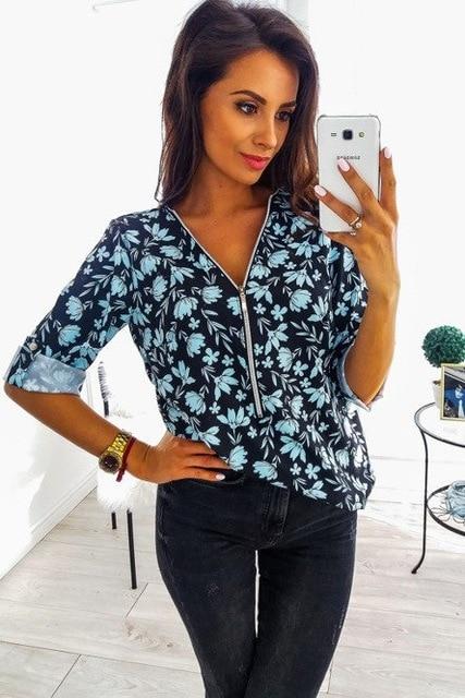 Women Tops Blouses 2019 Autumn Elegant Long Sleeve Print V-Neck Blouse Female Work Zipper Shirts Plus Size Tops 5XL Mujer Blusa