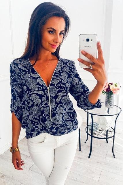 Women Tops Blouses 2019 Autumn Elegant Long Sleeve Print V-Neck Blouse Female Work Zipper Shirts Plus Size Tops 5XL Mujer Blusa