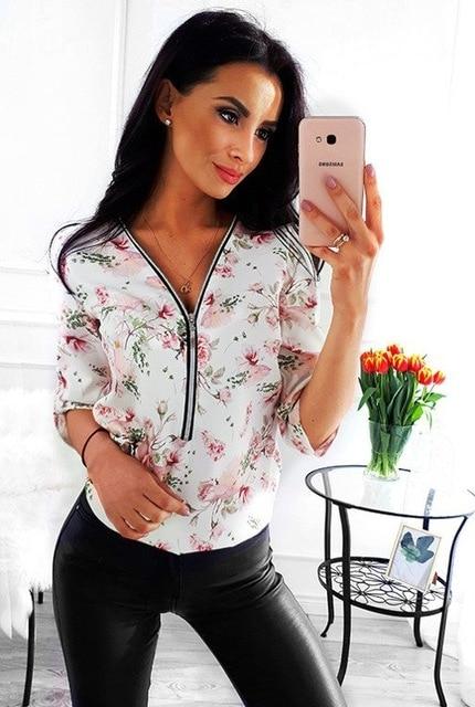 Women Tops Blouses 2019 Autumn Elegant Long Sleeve Print V-Neck Blouse Female Work Zipper Shirts Plus Size Tops 5XL Mujer Blusa
