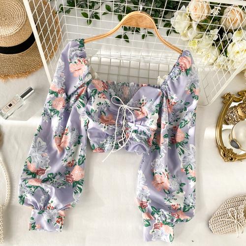 Square Collar Stretch Slim Long Bubble Sleeve Printed Blouse