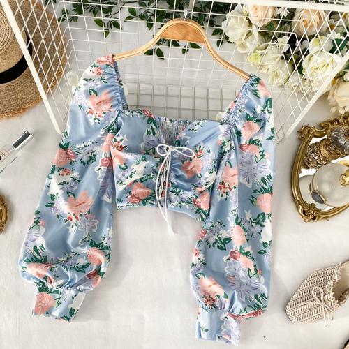 Square Collar Stretch Slim Long Bubble Sleeve Printed Blouse