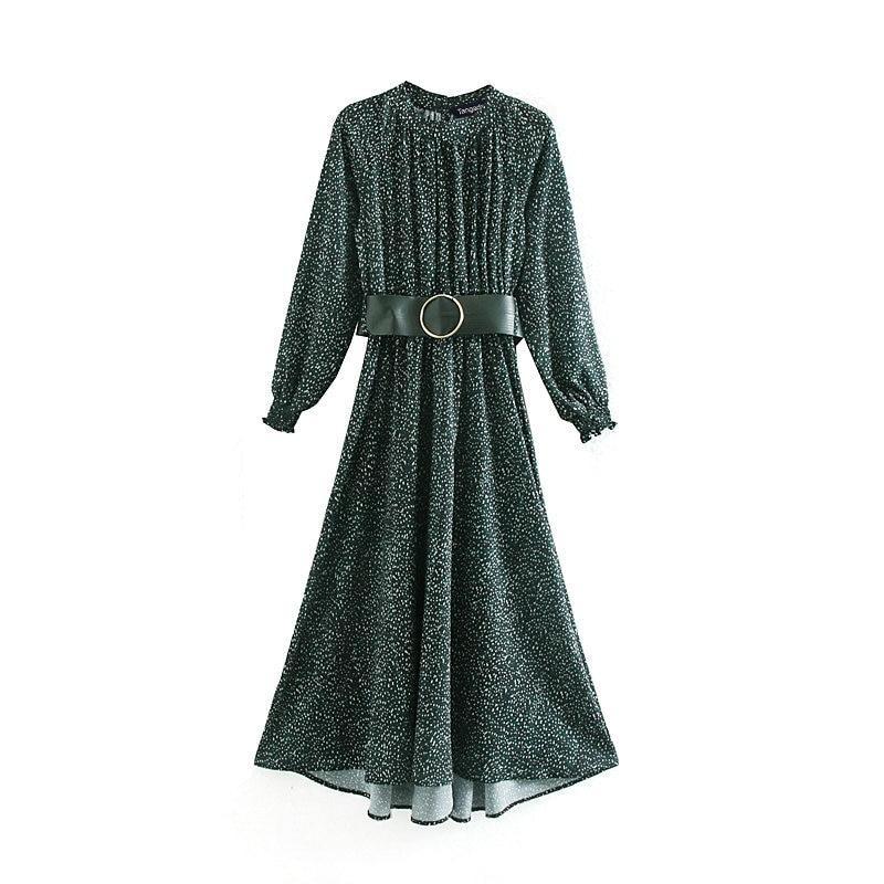 Green Dots Printed Stand Collar Long Sleeve Dress with Belt