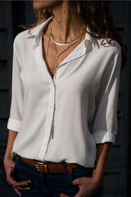 Elegant Long Sleeve Solid V-Neck Chiffon Blouse