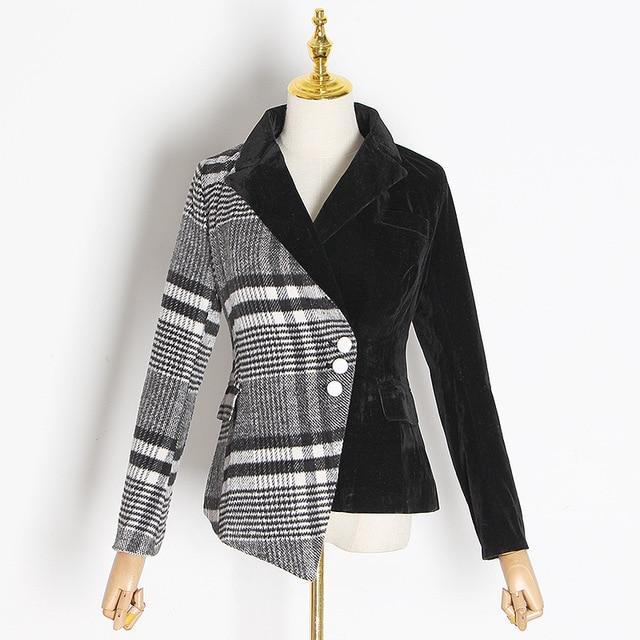 Patchwork Wool Plaid Long Sleeve Asymmetrical Blazer - Stylesma