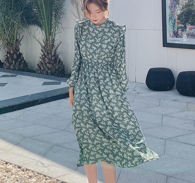 Stand Collar Full Sleeve Elastic Waist Ruffles Chiffon Dress