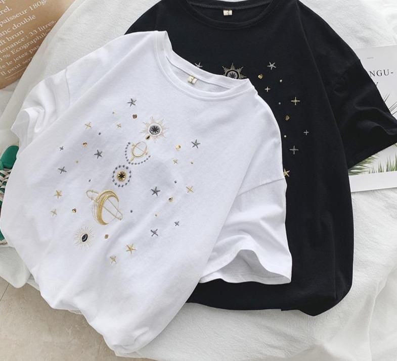 Kawaii Short Sleeve Embroidered Polyester T Shirt - Stylesma