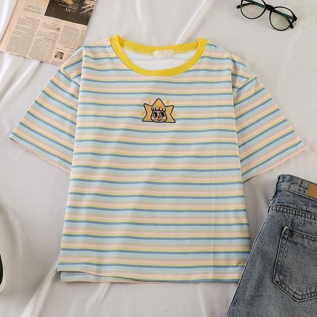 Kawaii Short Sleeve Embroidered Polyester T Shirt