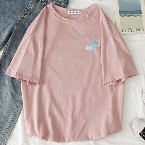 Kawaii Short Sleeve Embroidered Polyester T Shirt