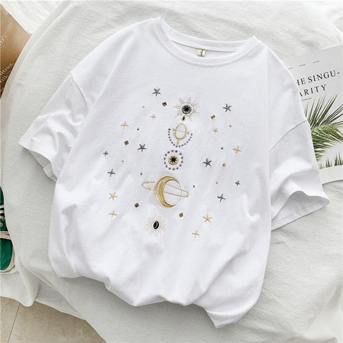Kawaii Short Sleeve Embroidered Polyester T Shirt
