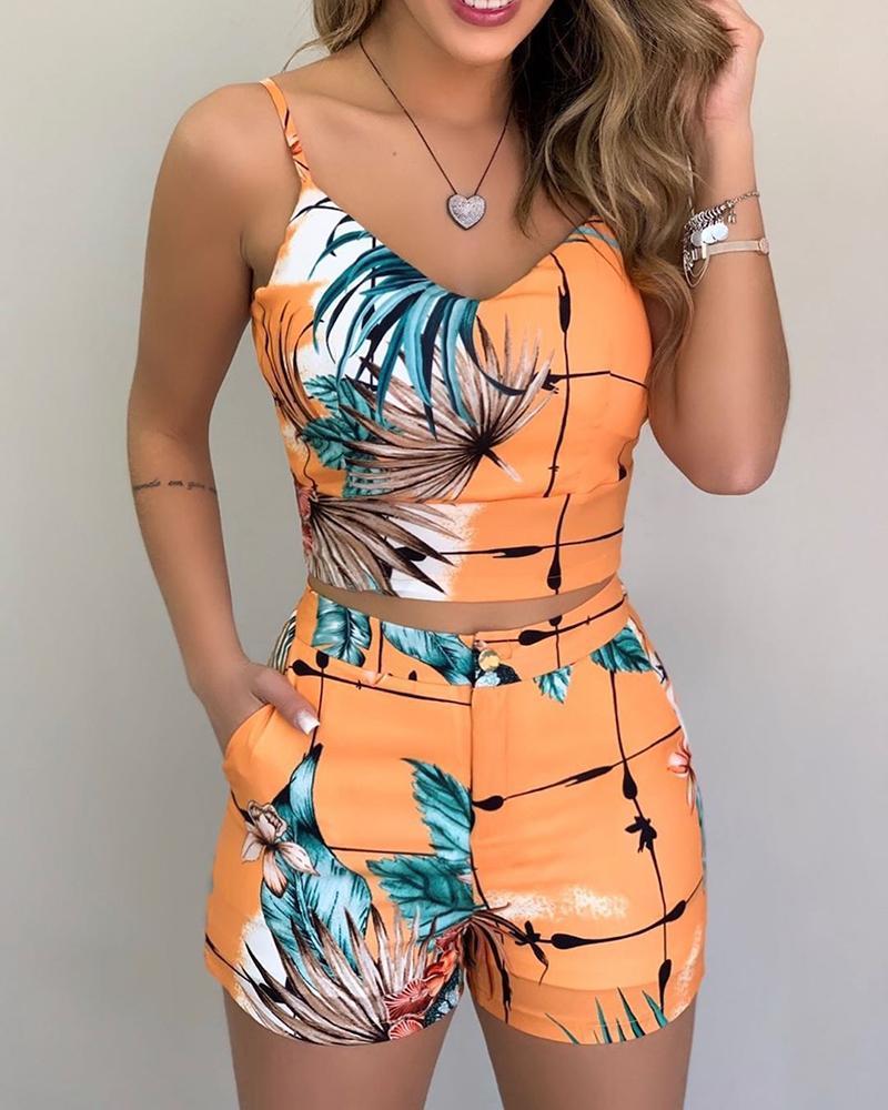 V Neck Casual Print Spaghetti Strap Crop Top & Short Sets - Stylesma