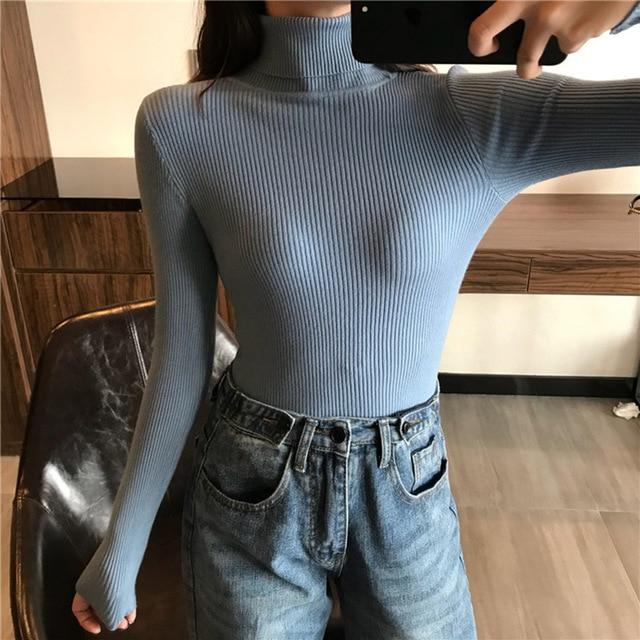 Knitted Ribbed Pullover Long Sleeve Turtleneck Sweater