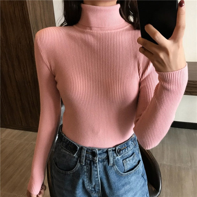 Knitted Ribbed Pullover Long Sleeve Turtleneck Sweater