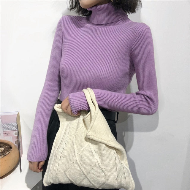 Knitted Ribbed Pullover Long Sleeve Turtleneck Sweater