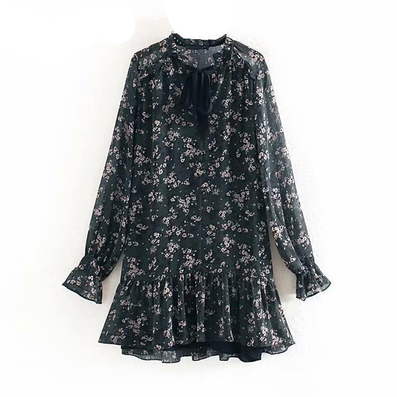 Bow Tie Mini Floral Print Long Sleeve Pleated Dress