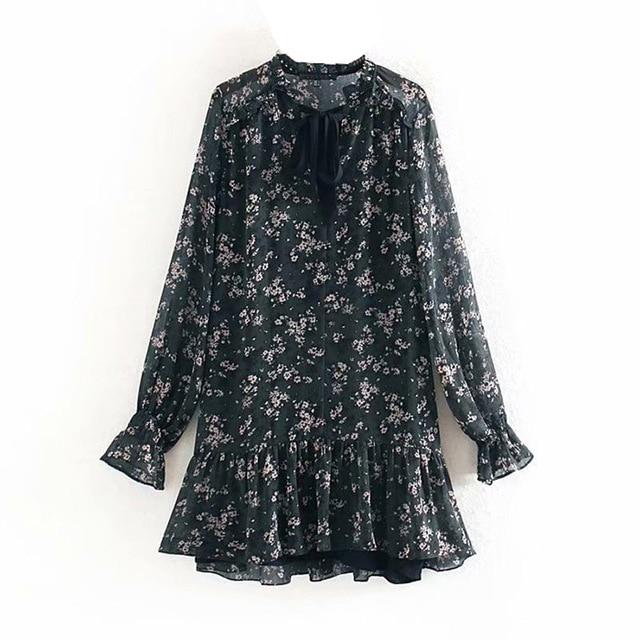 Bow Tie Mini Floral Print Long Sleeve Pleated Dress