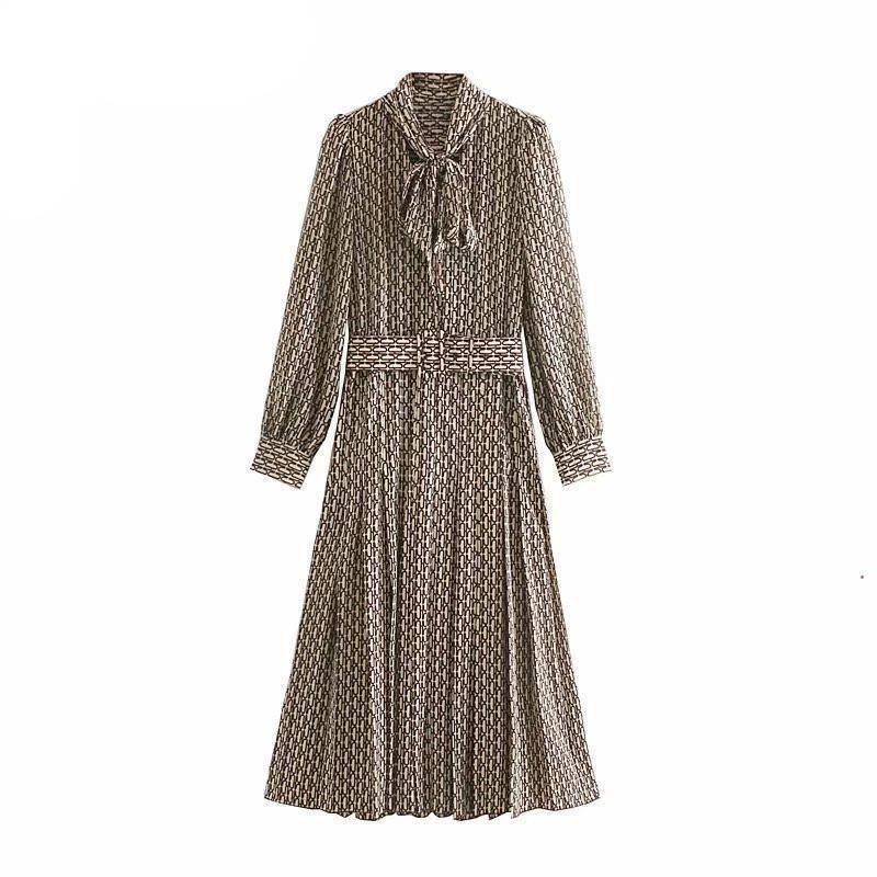 Long Sleeve Pleated Bow Tie Neck Long Dress with Belt