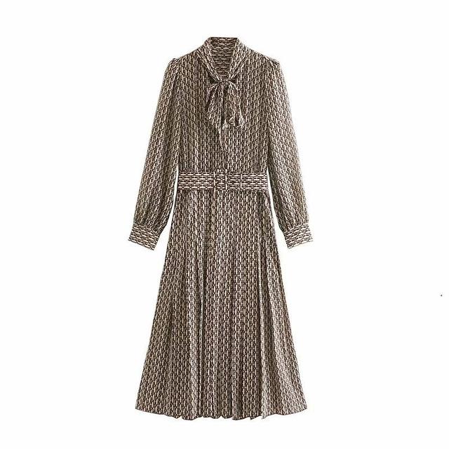 Long Sleeve Pleated Bow Tie Neck Long Dress with Belt