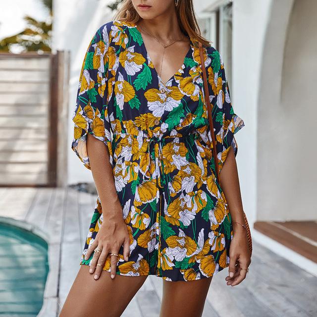 Floral Print V-Neck Short Sleeve Casual Short Playsuit