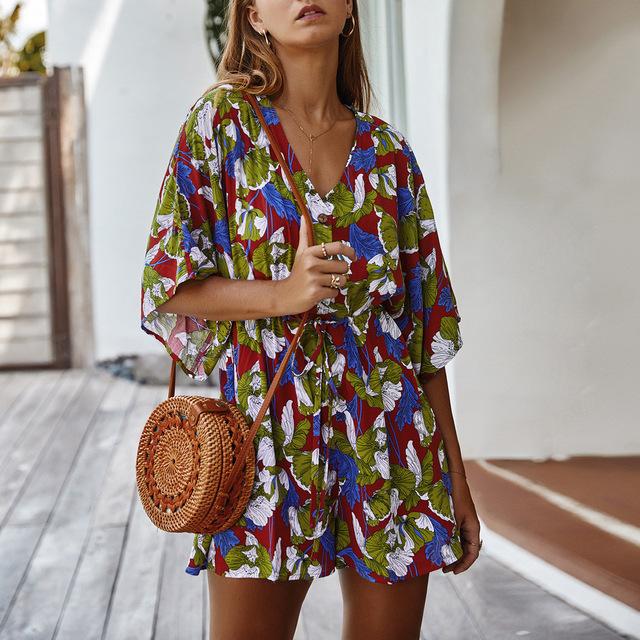 Floral Print V-Neck Short Sleeve Casual Short Playsuit