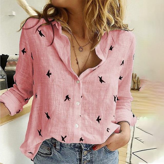 Birds Print Long Sleeve Loose Casual Shirt