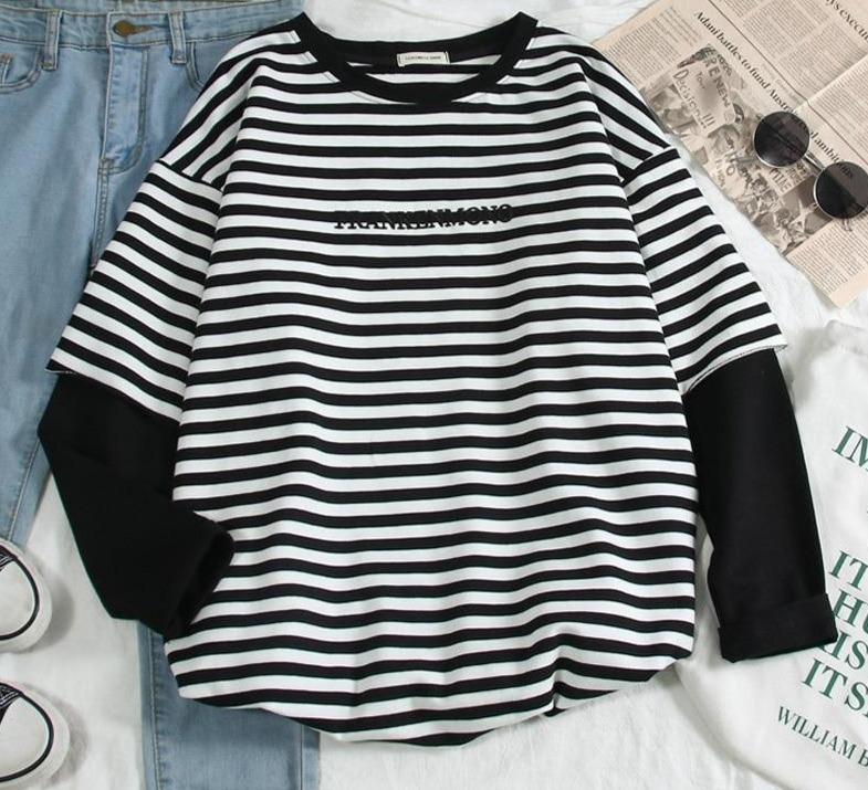 Letters Stripe O-Neck Regular Casual T-Shirt - Stylesma