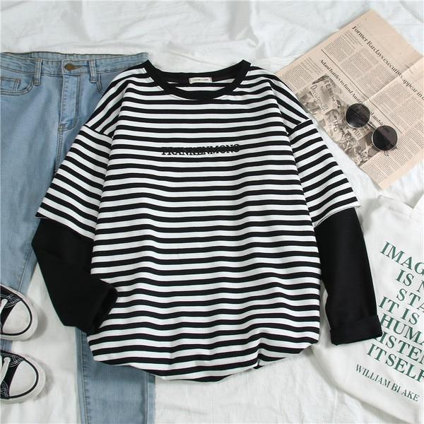 Letters Stripe O-Neck Regular Casual T-Shirt