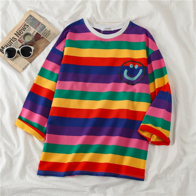 Letters Stripe O-Neck Regular Casual T-Shirt - Stylesma