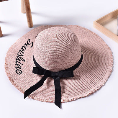 Handmade Weave letter Black Ribbon Sun Hat