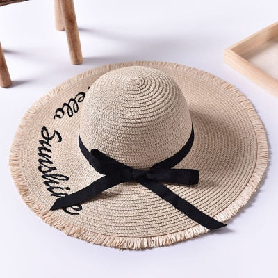 Handmade Weave letter Black Ribbon Sun Hat