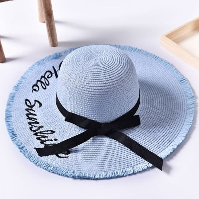 Handmade Weave letter Black Ribbon Sun Hat