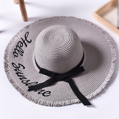Handmade Weave letter Black Ribbon Sun Hat