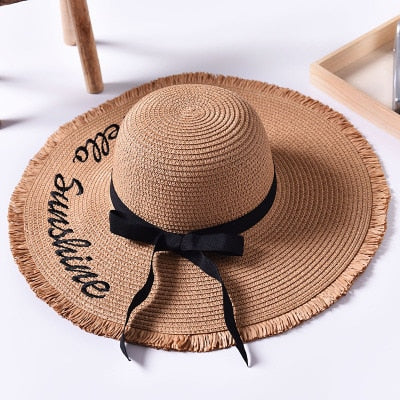 Handmade Weave letter Black Ribbon Sun Hat