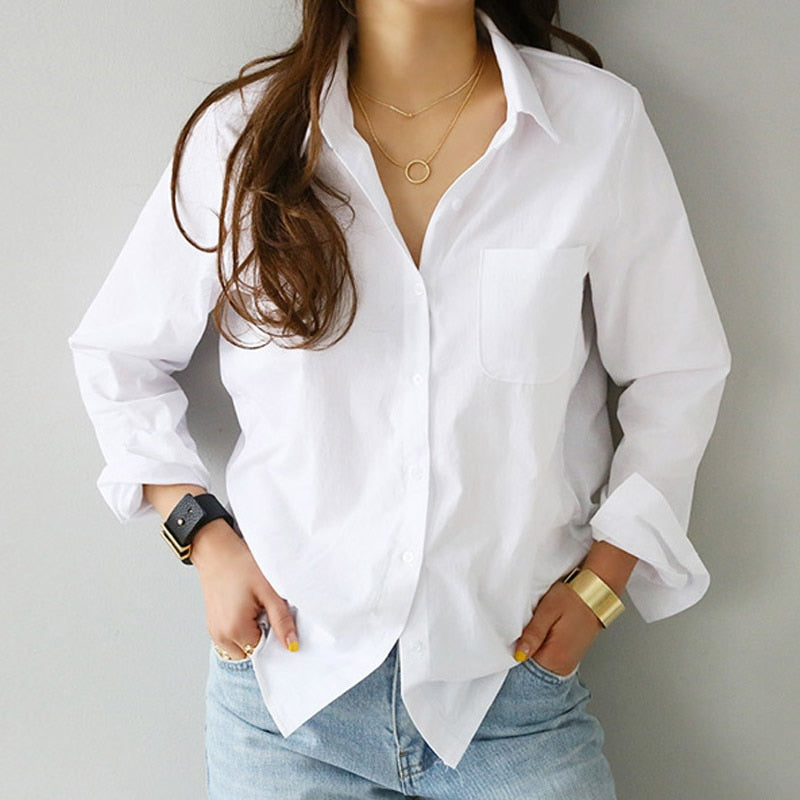 One Pocket Turn-down Collar OL Style White Shirt - Stylesma