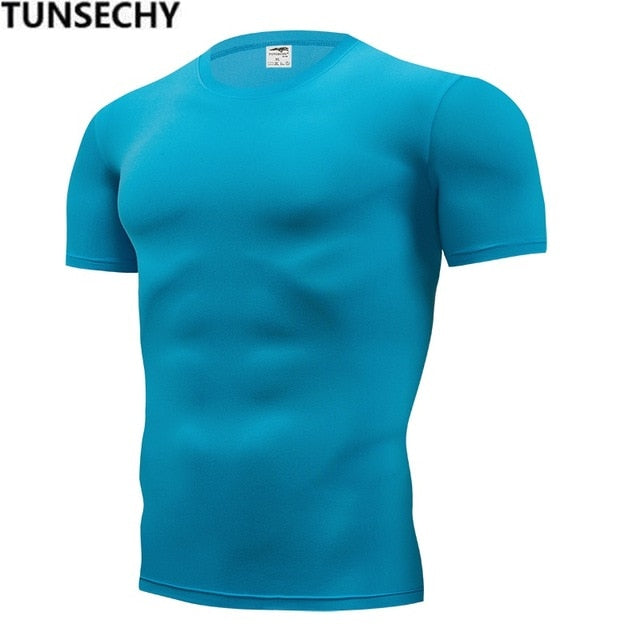 TUNSECHY Summer Fashion Brand tight pure color T-shirts 13 kinds color 100% Polyester Spandex Mens Black White T-shirts - Stylesma