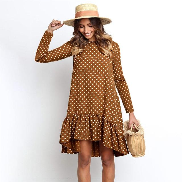 Polka Dot Chiffon Long Sleeve O Neck Dress
