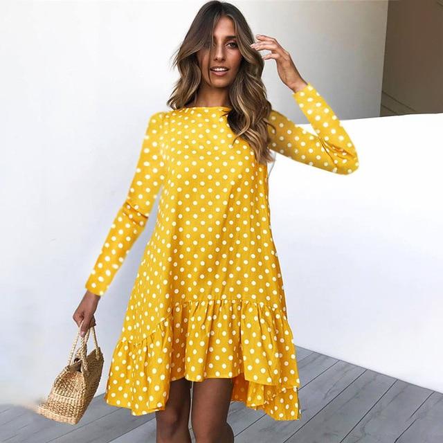 Polka Dot Chiffon Long Sleeve O Neck Dress