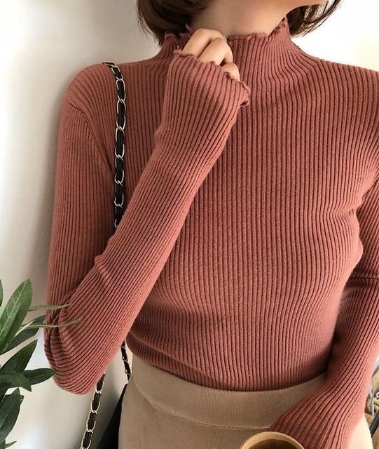 High Elastic Solid Turtleneck Ruched Sweater