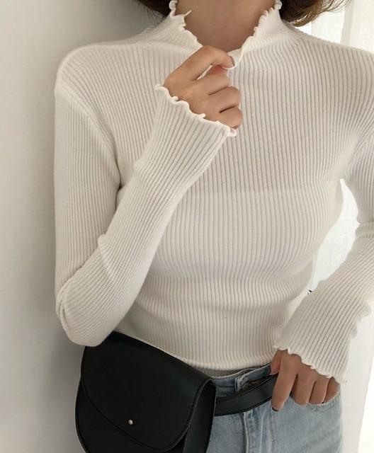High Elastic Solid Turtleneck Ruched Sweater