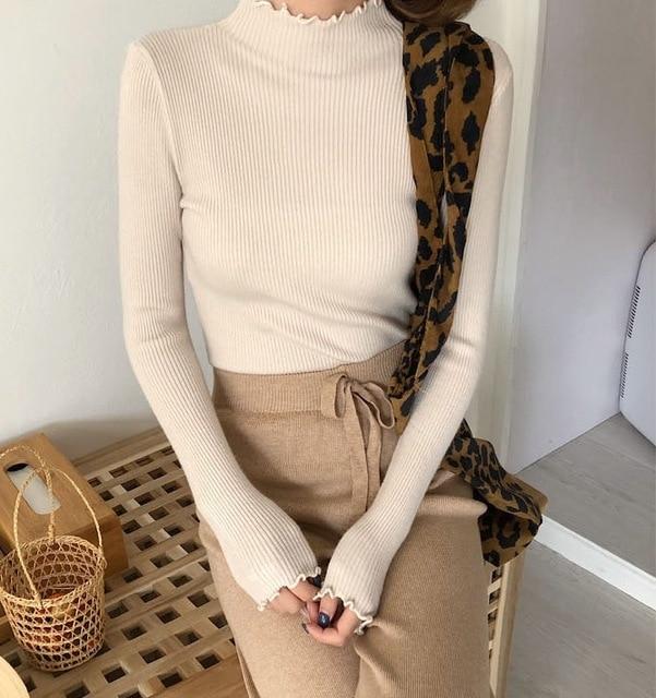 High Elastic Solid Turtleneck Ruched Sweater
